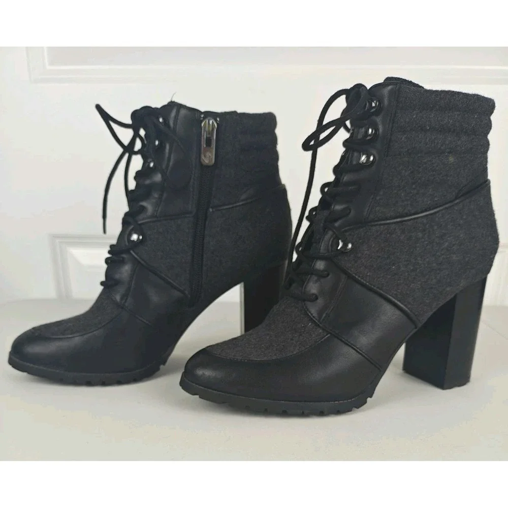 Antonio Melani Womens Booties 8.5 Black Gray Wool Leather Lace Up Block Heel Lug